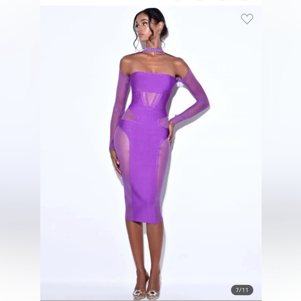 NEW Miss Circle Barrett Mesh Long Sleeve Bandage Midi Dress Purple Medium READ